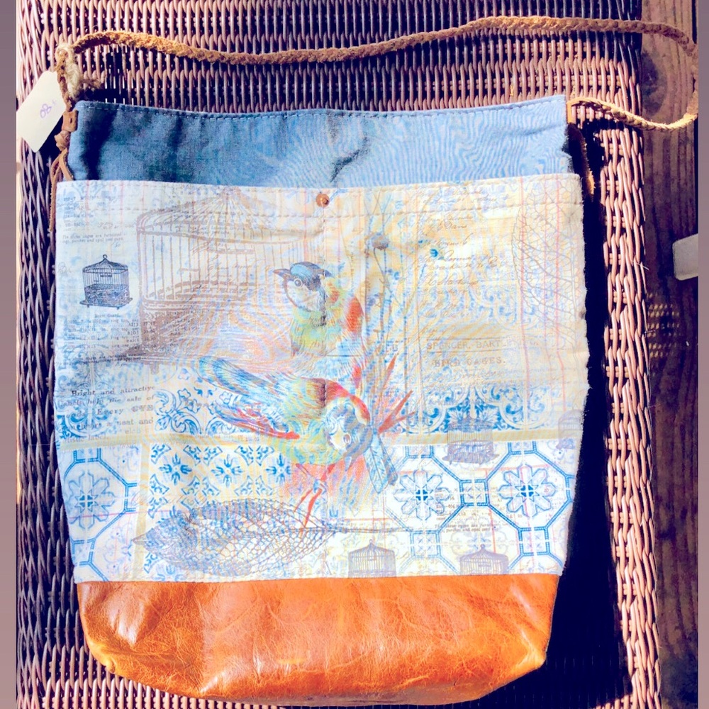 Messenger bag in leather & fabric unique handmade
